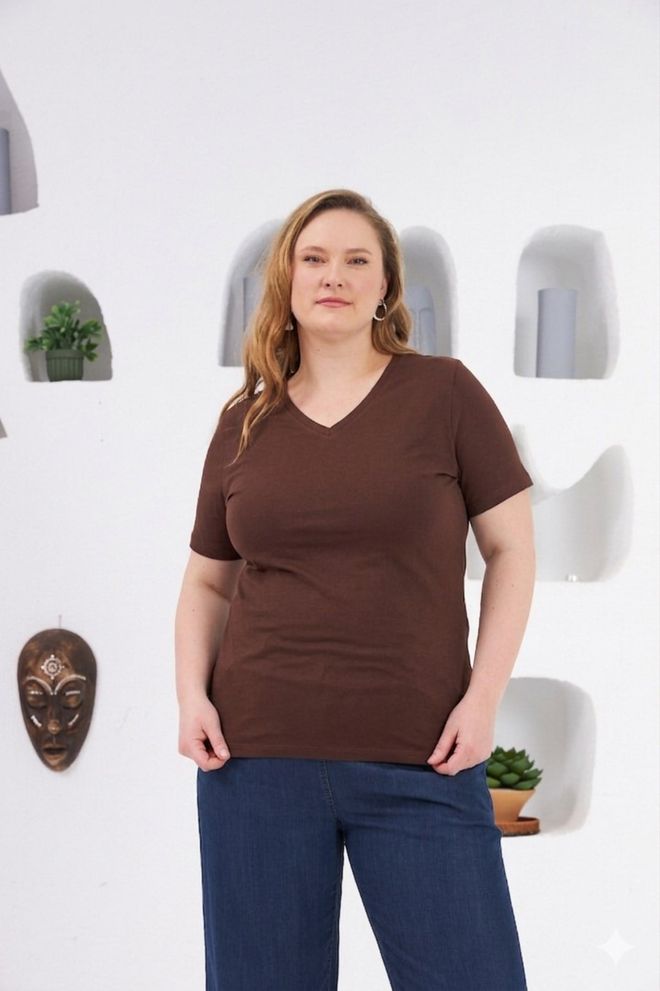 RMG Brown Casual Plus Size Tshirt With V Neck Wholesale Clothing Spring