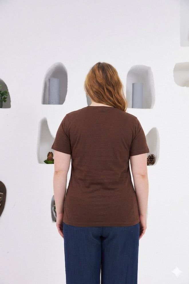 RMG Brown Casual Plus Size Tshirt With V Neck Wholesale Clothing Casual