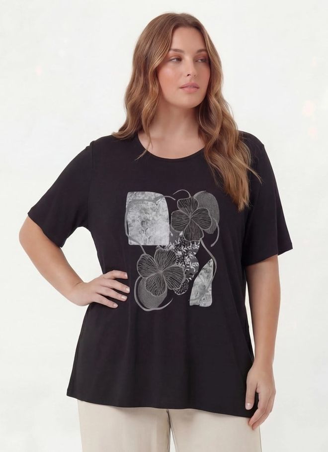 RMG Црн Цветни Неформалан Плус Сизе Мајица Велепродаја одеће Плус Сизе