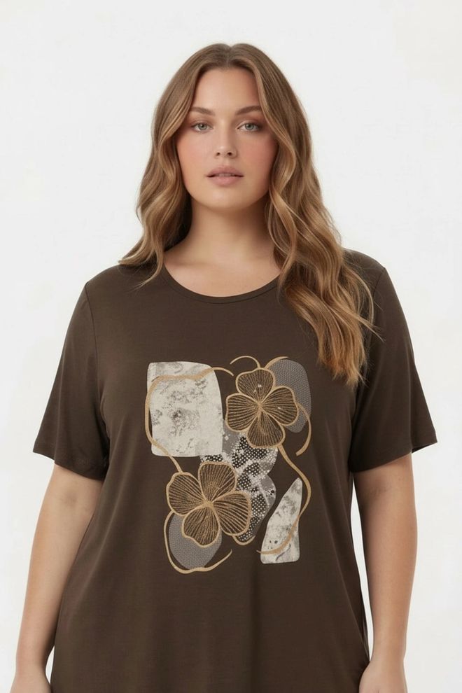 RMG Коричневая Повседневная Футболка Большого Размера С Цветочным Принтом Оптовая продажа одежды Плюс Размер