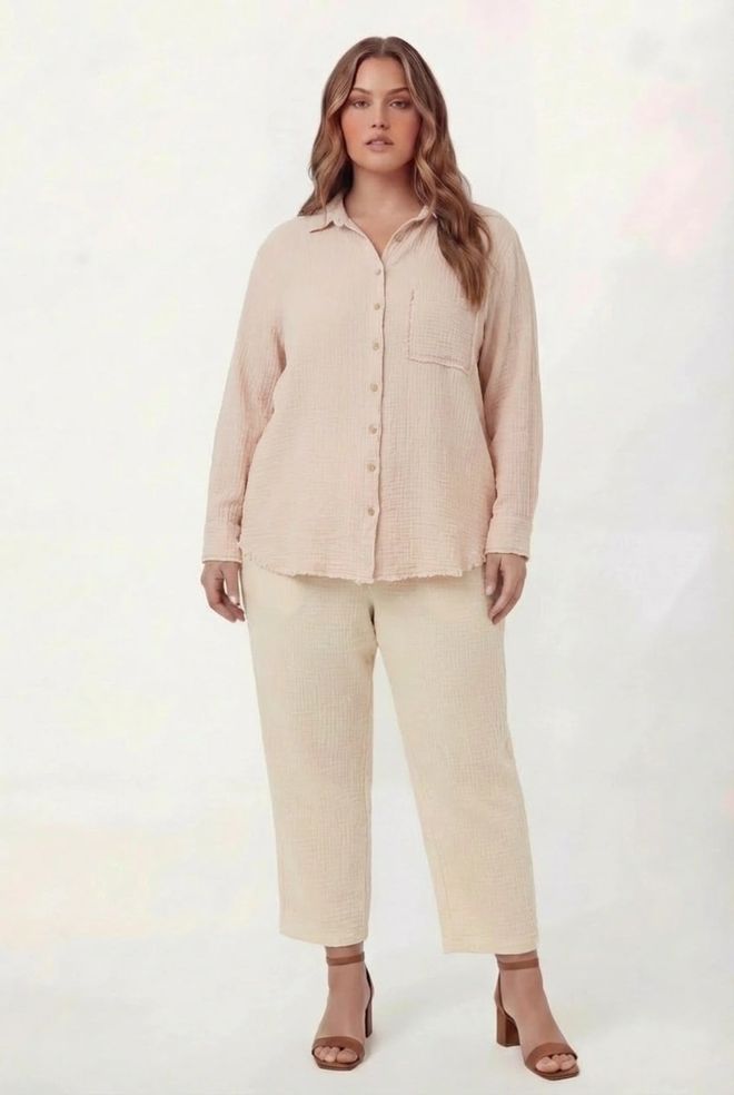 RMG Beige Casual Plus Size Shirt With Polo Neck Wholesale Clothing Lounge