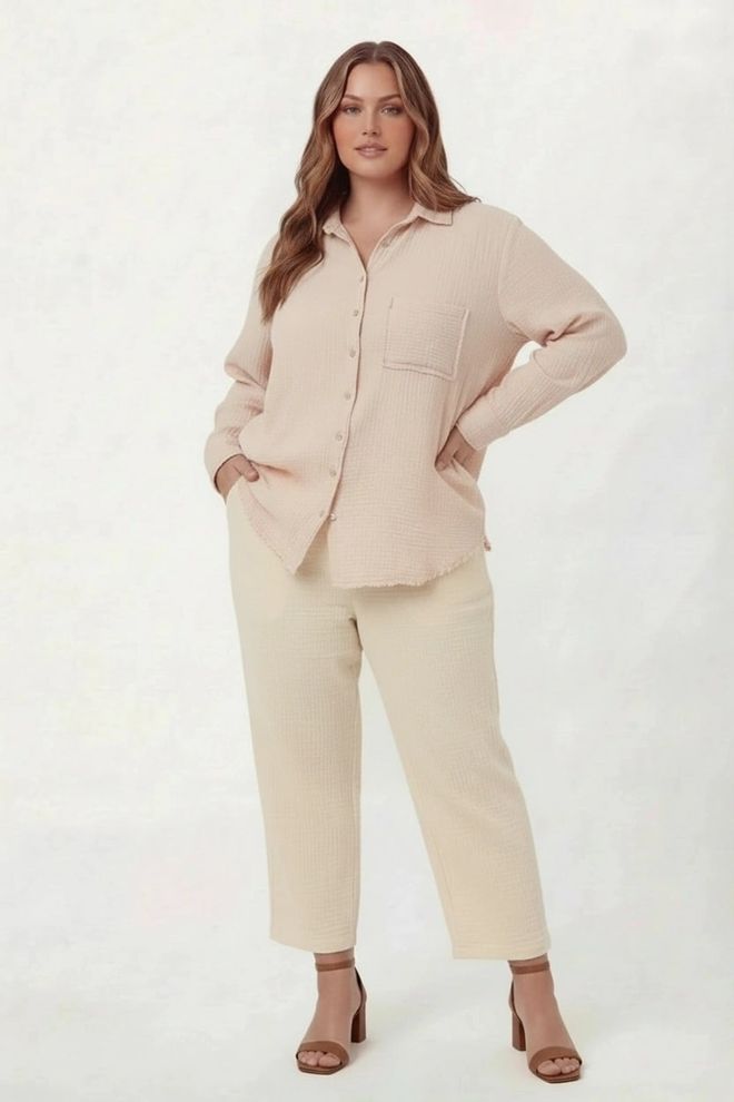 RMG Beige Casual Plus Size Shirt With Polo Neck Wholesale Clothing Casual