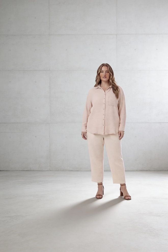 RMG Beige Casual Plus Size Shirt With Polo Neck Wholesale Clothing Spring