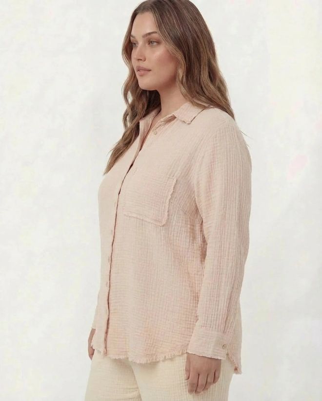 RMG Beige Casual Plus Size Shirt With Polo Neck Wholesale Clothing 1