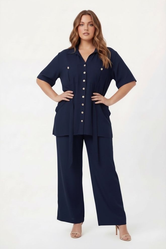 RMG Комплет Морнарско Плаво Елегантан Плус Сајз Палаззо Оутфит Велепродаја одеће Плус Сизе