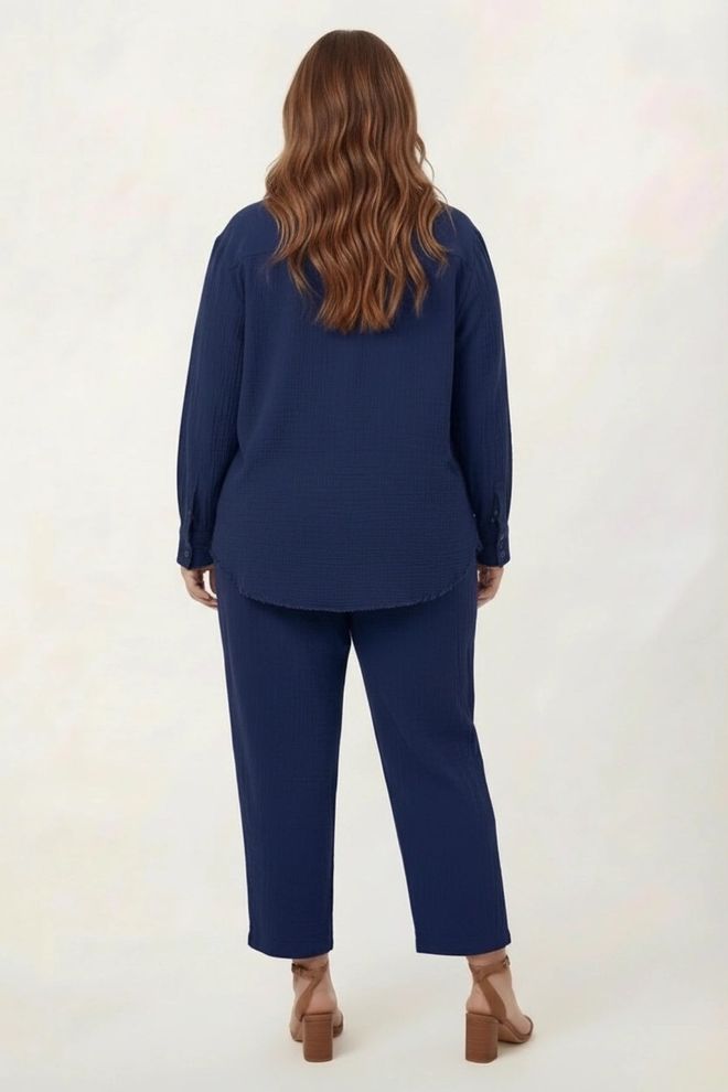 RMG Navy Blue Casual Plus Size Buttoned Long Sleeve Shirt Wholesale Clothing Casual