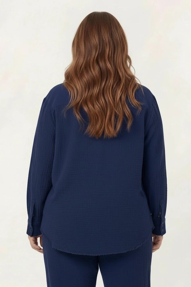 RMG Navy Blue Casual Plus Size Buttoned Long Sleeve Shirt Wholesale Clothing Spring