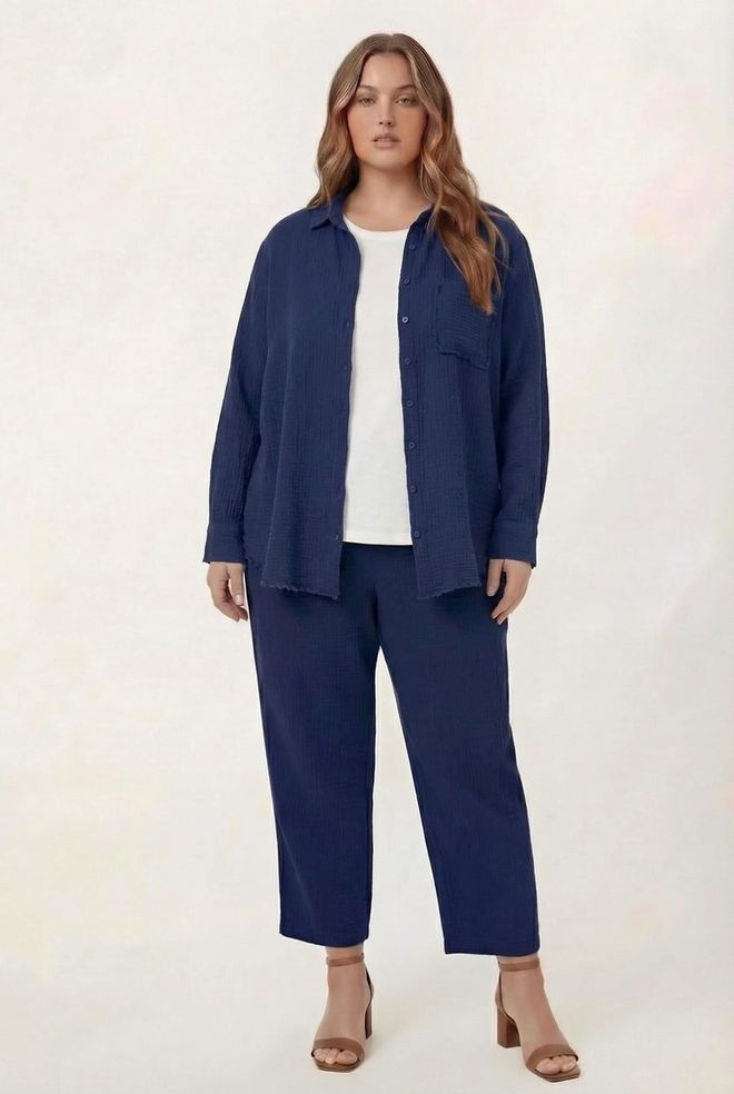 RMG Navy Blue Casual Plus Size Buttoned Long Sleeve Shirt Wholesale Clothing 1