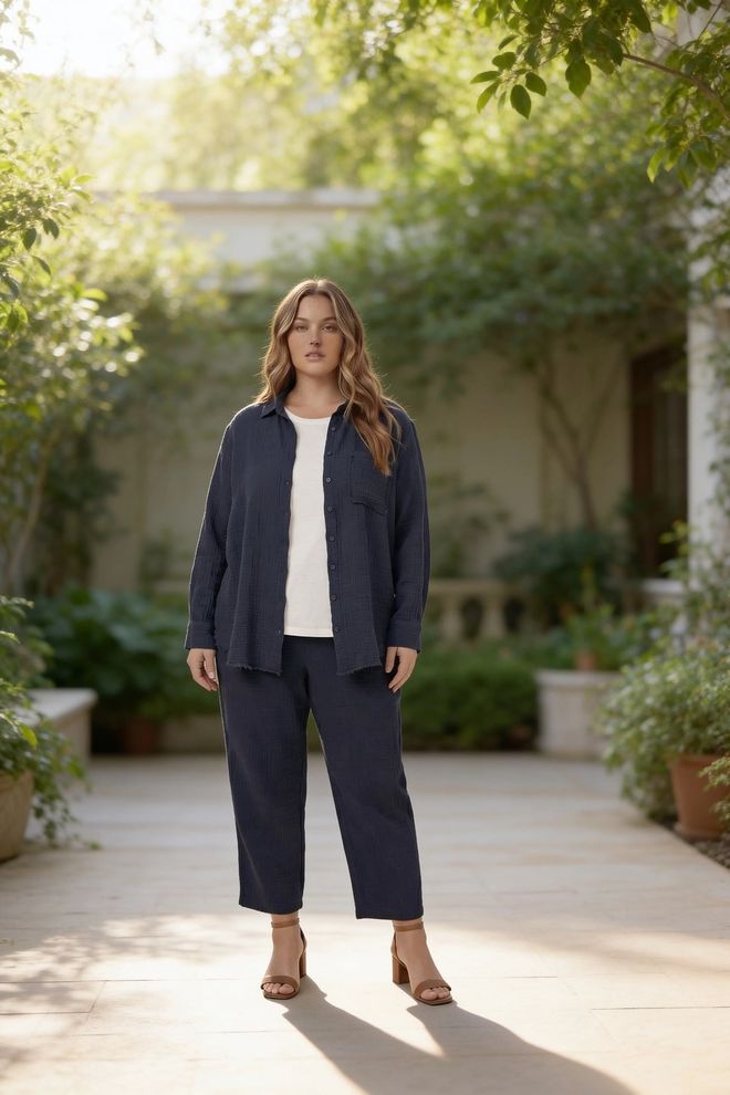 RMG Navy Blue Casual Plus Size Buttoned Long Sleeve Shirt Wholesale Clothing Lounge