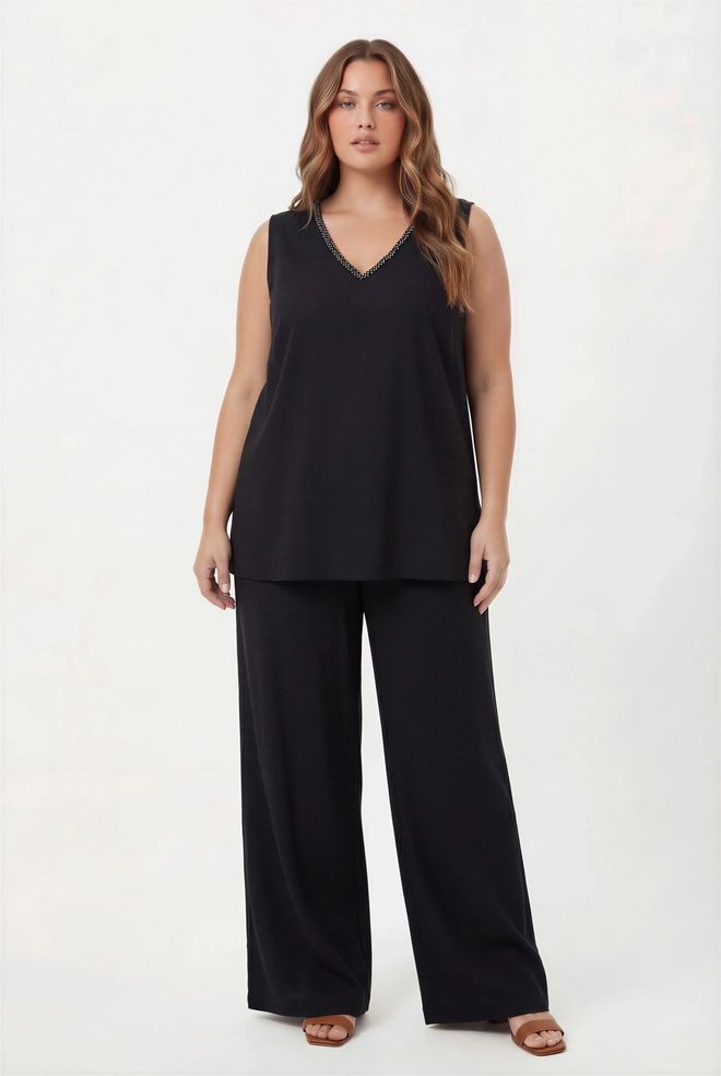 RMG Црн Плус Сизе Елегантан Палаззо Комплет Велепродаја одеће Плус Сизе