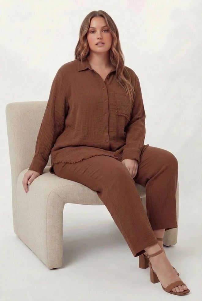 RMG Brown Casual Plus Size Shirt Wholesale Clothing Modest