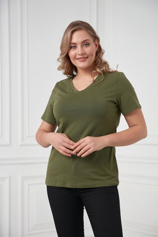 RMG Maglietta Verde Casual Taglia Forte Con Scollo A V Abbigliamento all'ingrosso Taglia forte