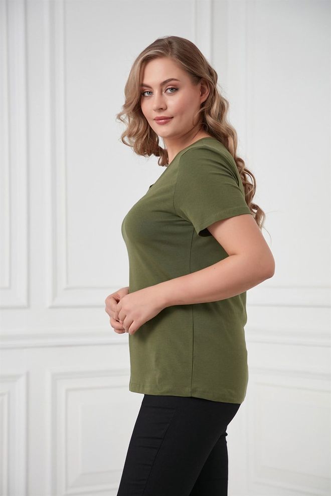 RMG Green Casual Plus Size Tshirt With V Neck Wholesale Clothing 1