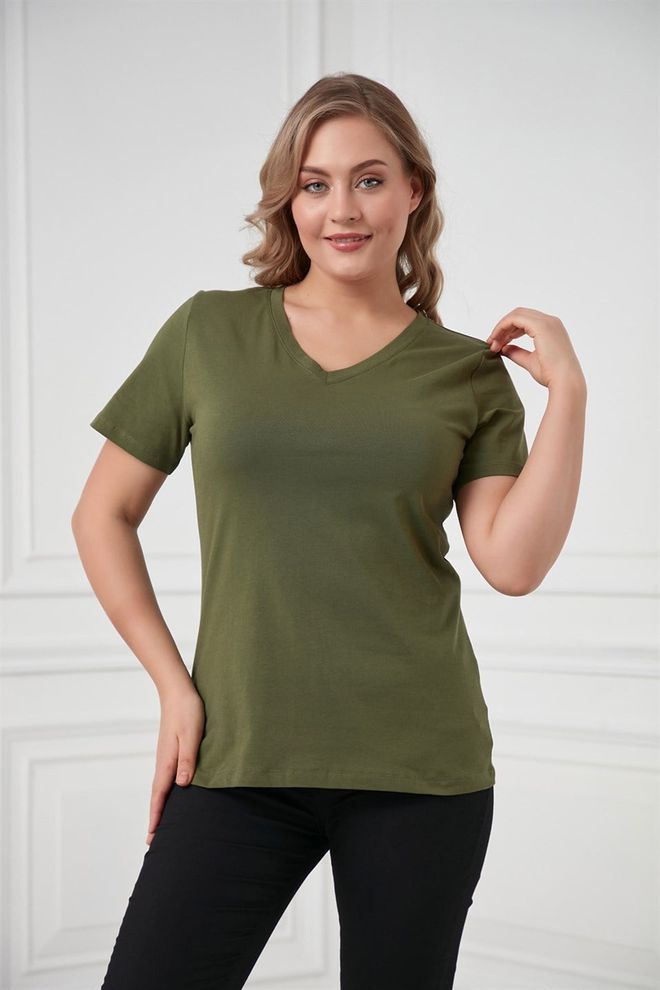 RMG Green Casual Plus Size Tshirt With V Neck Wholesale Clothing Lounge