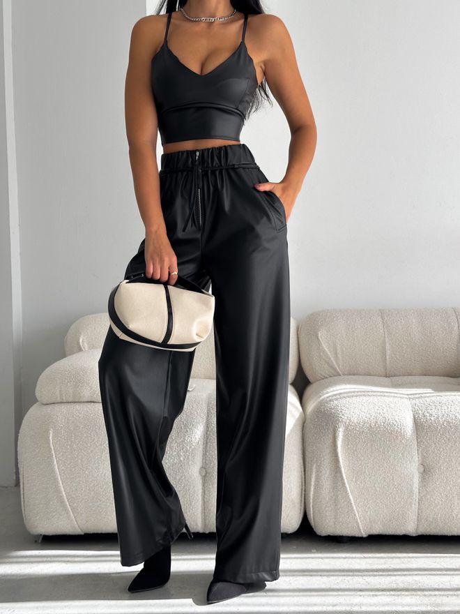 Radica Fashion Pantalones De Cuero Con Detalle De Cremallera Palazzo Negro Ropa al por mayor Casual