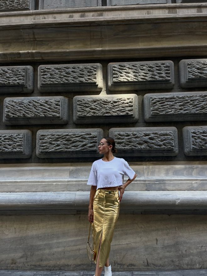 Radica Fashion Rok Van Goudfolie Met Split Aan De Voorkant Groothandel Kleding Glam