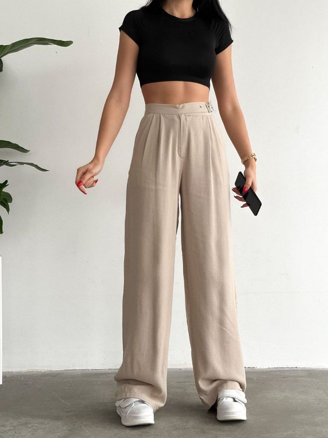 Radica Fashion Pantalón Palazzo 0 Lino Hebilla Cinturón Beige Ropa al por mayor Elegante