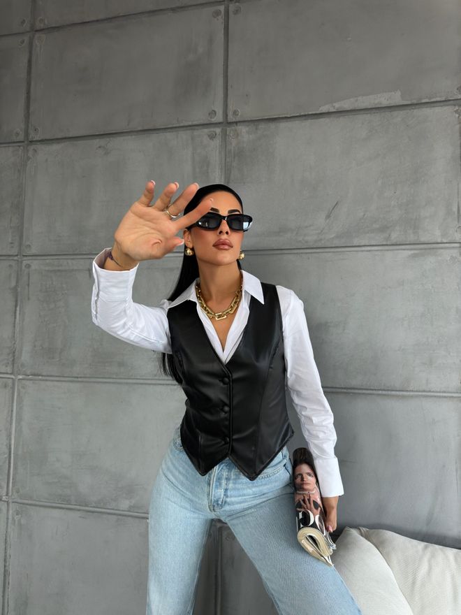 Radica Fashion Črn Usnjen Podložen Telovnik Oblačila na debelo Ležerno