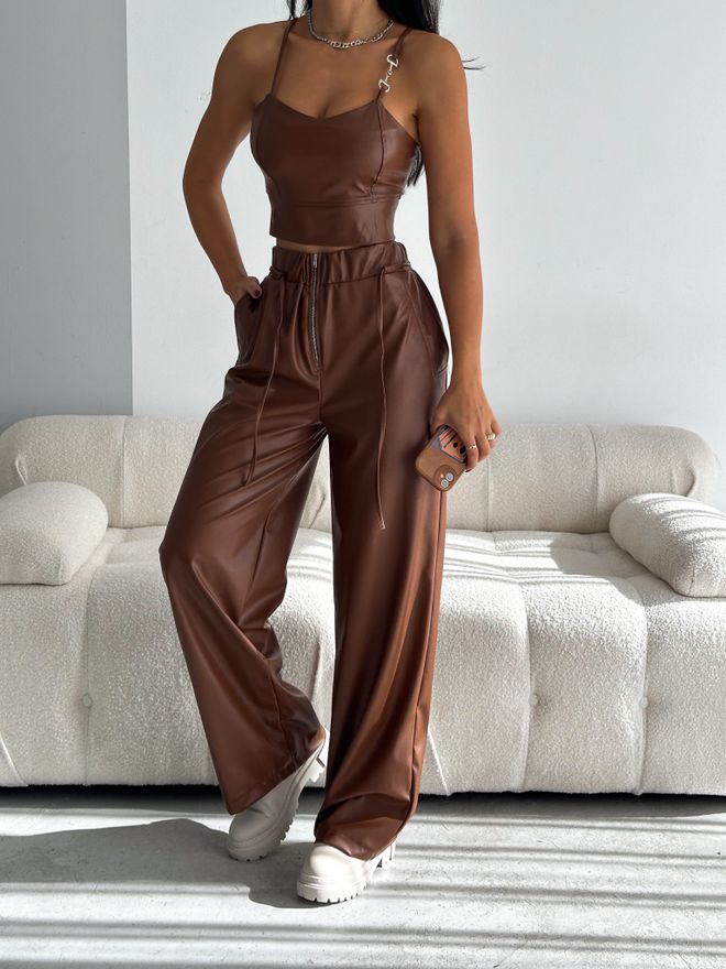 Radica Fashion Pantalones De Cuero Con Detalle De Cremallera Palazzo Marrón Ropa al por mayor Casual