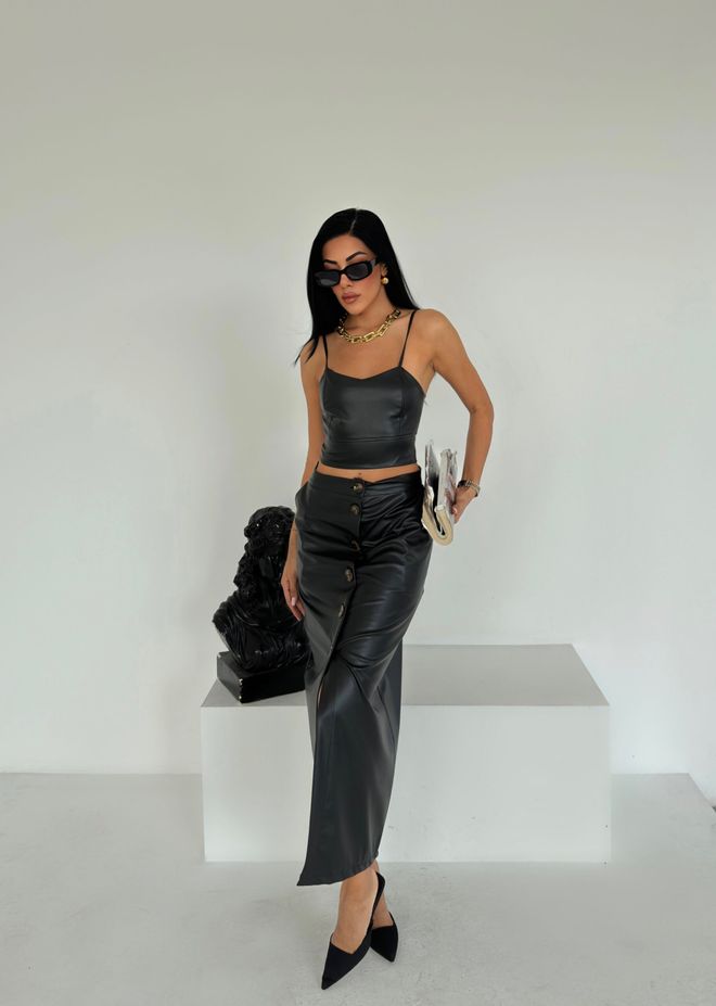 Radica Fashion Zwarte Leren Midi rok Met Knopen Groothandel Kleding Casual