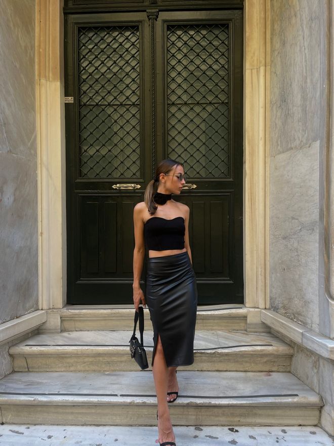 Radica Fashion Zwart Leren Kokerrok Met Split Aan De Voorkant Groothandel Kleding Elegant