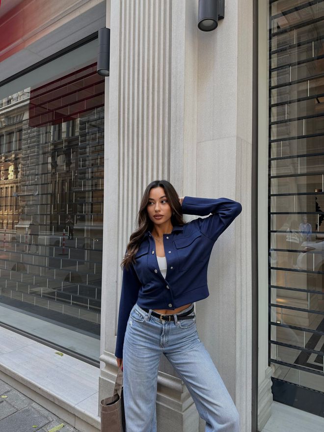 Radica Fashion Chaqueta Corta Con Bolsillo Con Solapa Azul Marino Ropa al por mayor Casual