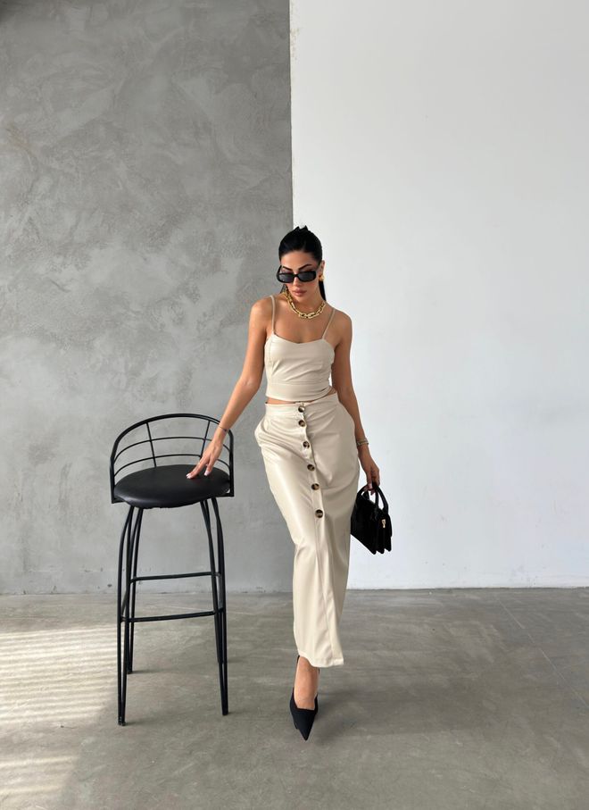 Radica Fashion Beige Lederen Midi rok Met Knopen Groothandel Kleding Casual