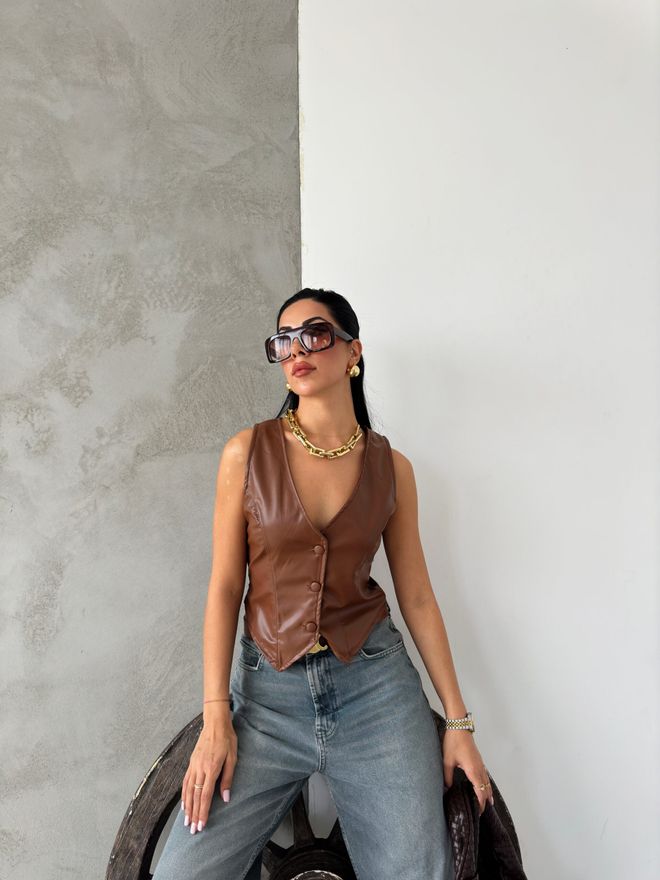 Radica Fashion Gilet Doublé En Cuir Marron Vêtements en gros Décontracté
