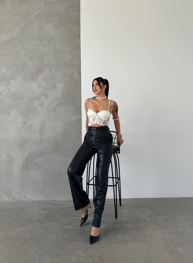Radica Fashion Μαύρο Δερμάτινο Παντελόνι Palazzo Χονδρικό εμπόριο ενδυμάτων Casual