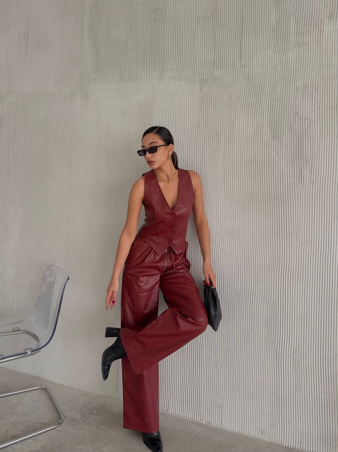 Radica Fashion Pantalones De Cuero Con Detalle De Cremallera Palazzo Rojo Burdeos Ropa al por mayor Casual