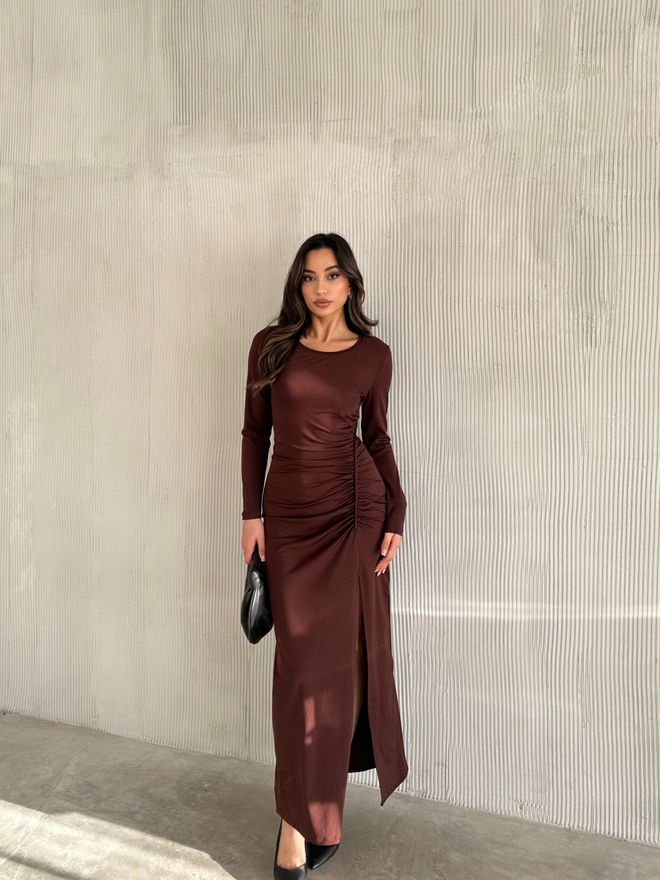 Radica Fashion Ruda Atlas Gathered Slit Suknelė Didmeninė prekyba drabužiais Aptempta ir platėjanti