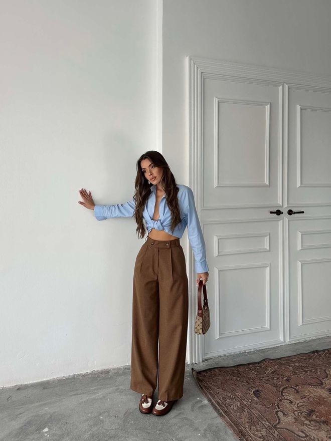 Radica Fashion Pantalones Palazzo De Poliviscosa Con Doble Botón Color Café Ropa al por mayor Formal