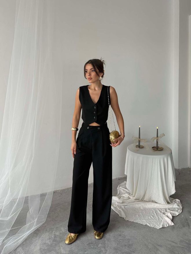Radica Fashion Pantalones Palazzo Negros De Poliviscosa Con Doble Botón Ropa al por mayor Formal