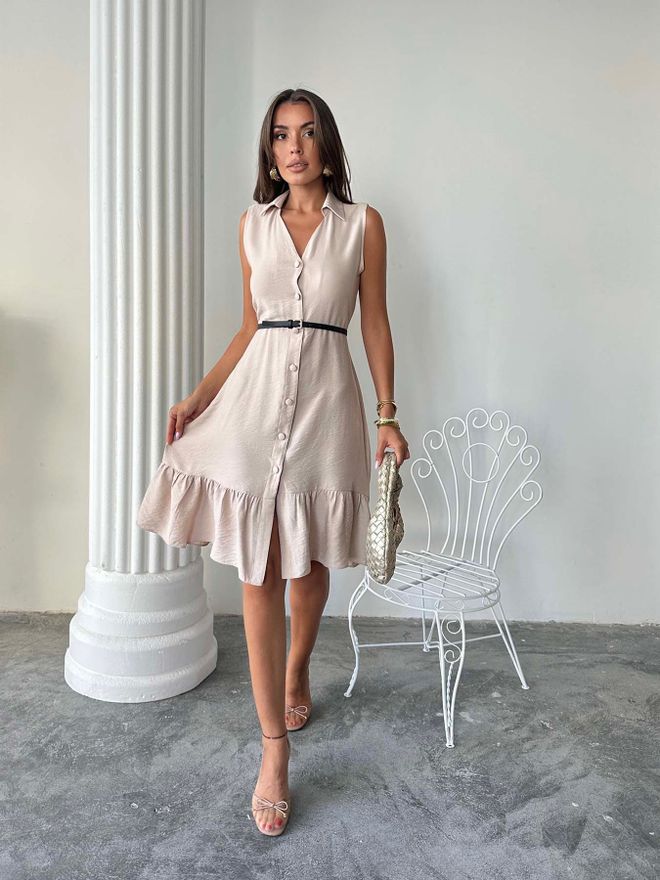 Radica Fashion Beige Mouwloze Hemdjurk Met Geribbelde Hals Groothandel Kleding Casual