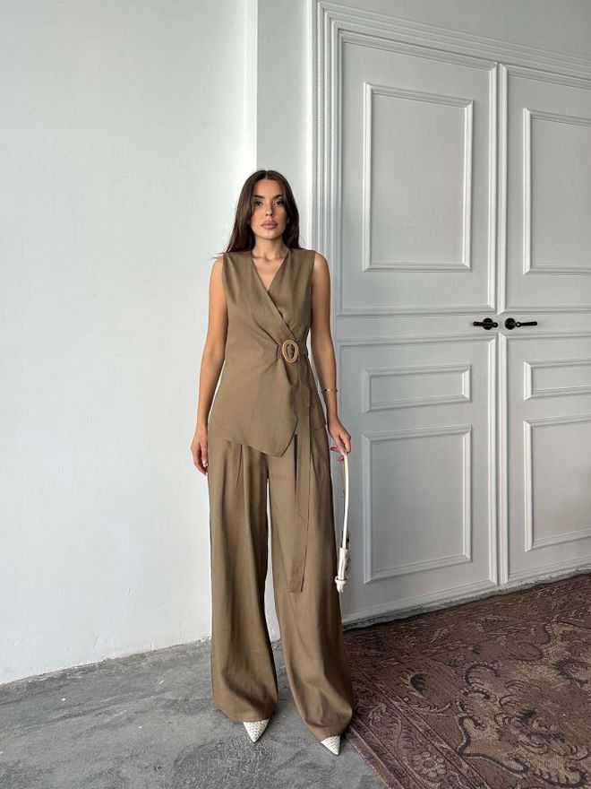 Radica Fashion Хаки Элегантный Формальный Костюм С Широкими Брюками Палаццо Оптовая продажа одежды Повседневный