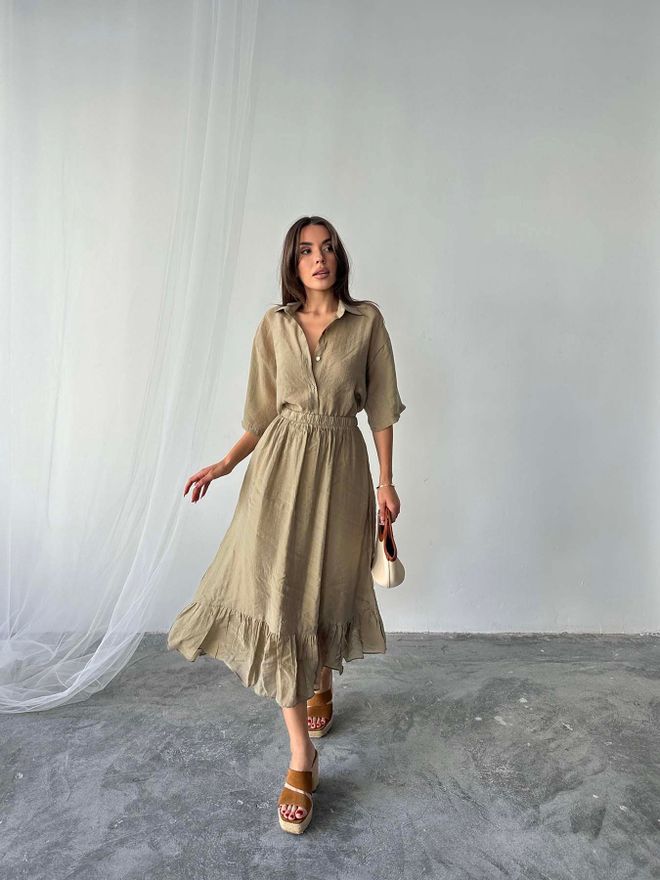 Radica Fashion Set Khaki Casual Elegant Bescheiden 3/4 Mouw Maxi Rok Groothandel Kleding Bescheiden