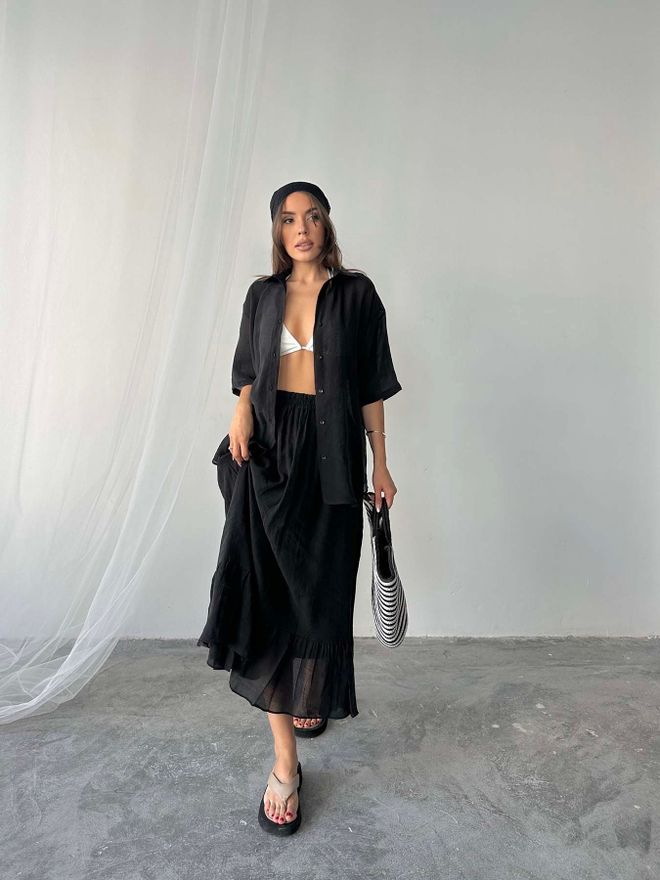 Radica Fashion Zwart Elegant Boho Set Met Uitlopende Maxi Rok Groothandel Kleding Bescheiden