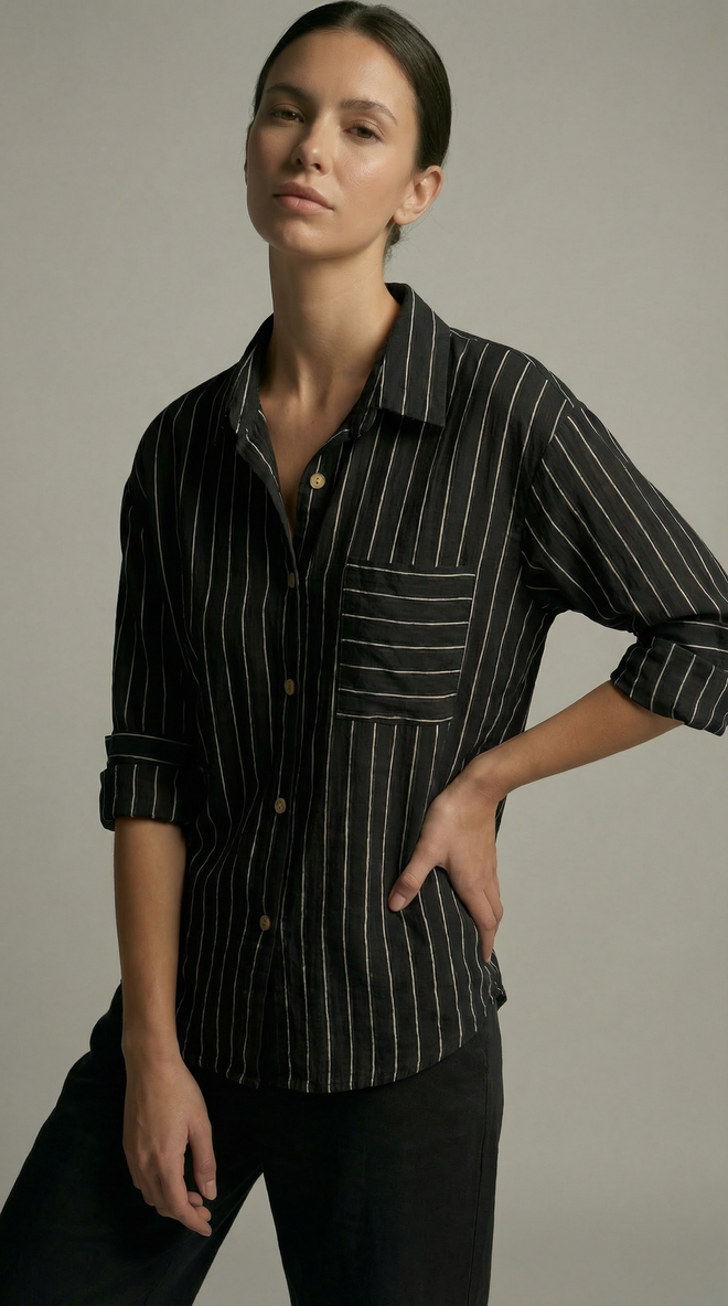 Radica Fashion Black Striped Shawl Collar Regular Fit Shirt Wholesale Clothing Lounge