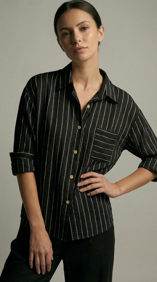 Radica Fashion Black Striped Shawl Collar Regular Fit Shirt Wholesale Clothing Casual