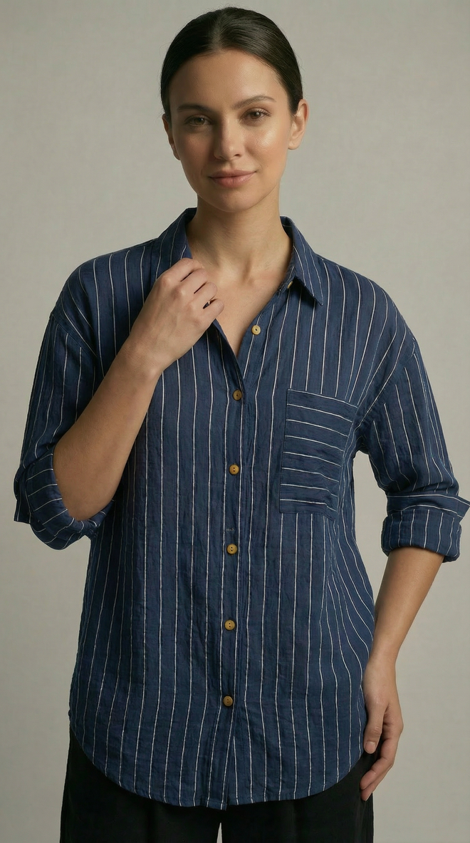 Radica Fashion Navy Blue Striped Shirt – V Neck Buttoned Long Sleeve Wholesale Clothing Casual