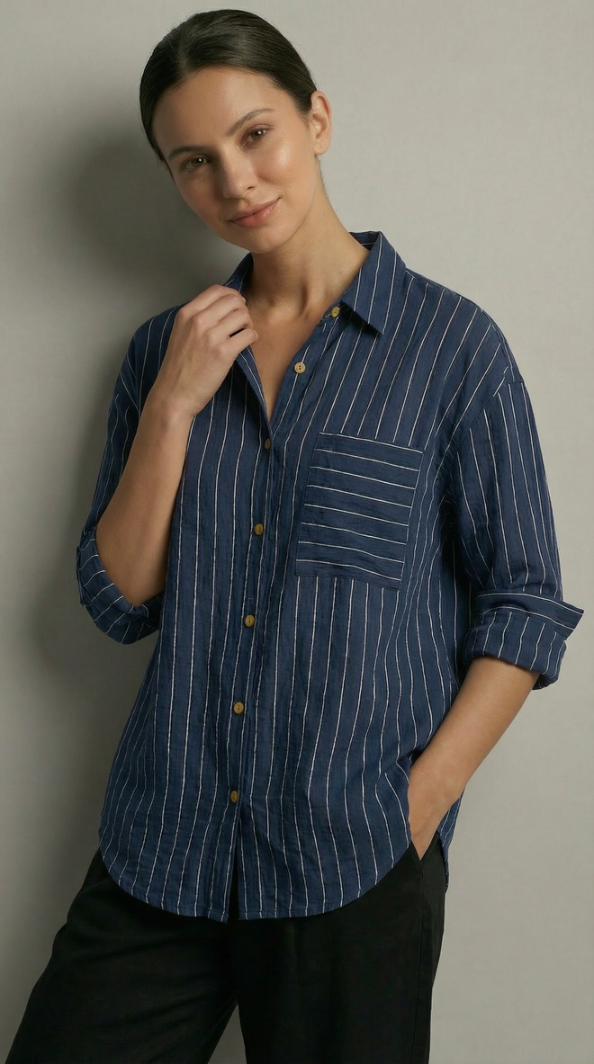 Radica Fashion Navy Blue Striped Shirt – V Neck Buttoned Long Sleeve Wholesale Clothing Lounge