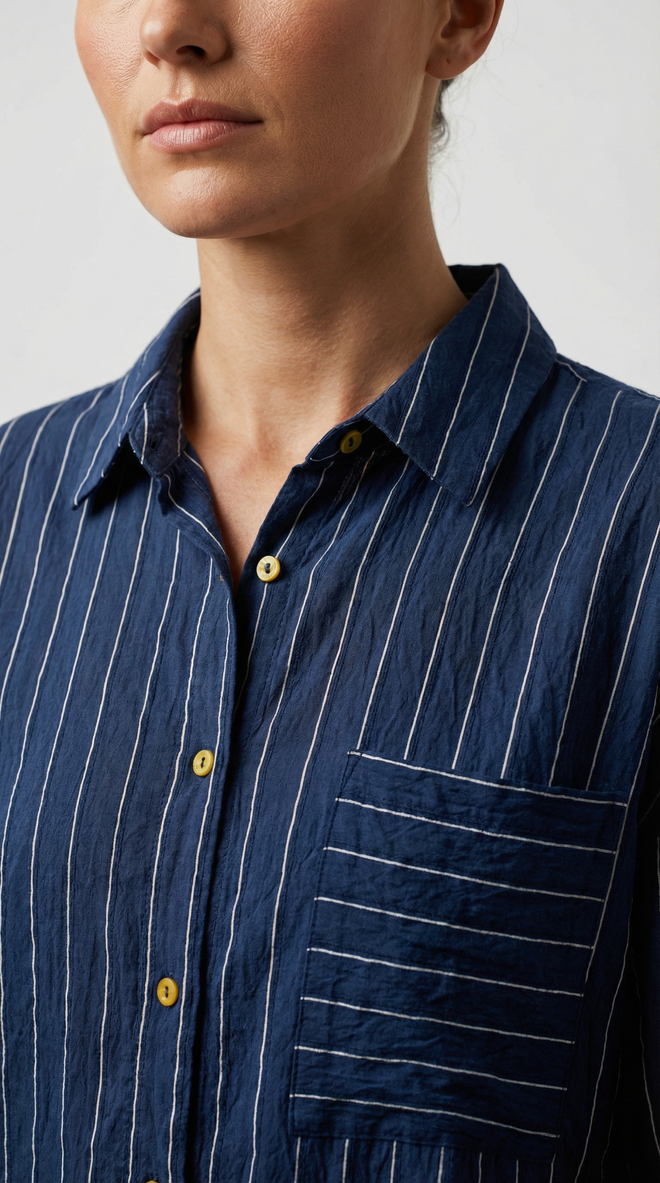 Radica Fashion Navy Blue Striped Shirt – V Neck Buttoned Long Sleeve Wholesale Clothing Spring