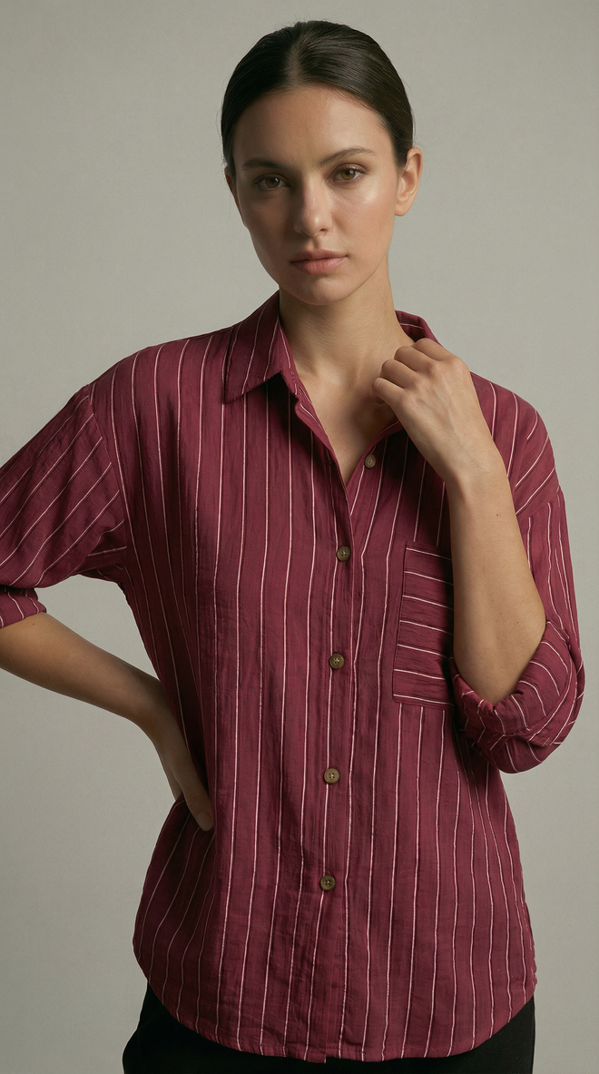 Radica Fashion Claret Red Striped Casual Shirt With 3/4 Sleeves Wholesale Clothing Casual