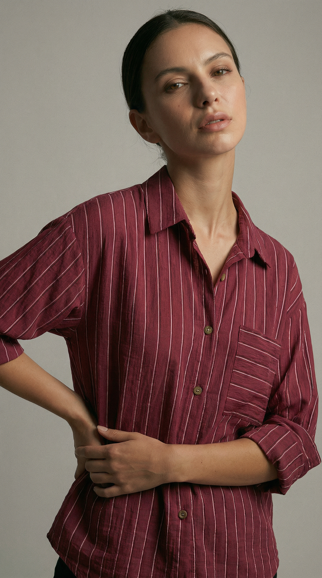 Radica Fashion Claret Red Striped Casual Shirt With 3/4 Sleeves Wholesale Clothing Spring