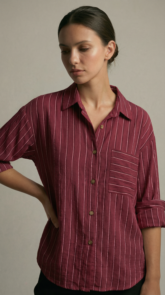 Radica Fashion Claret Red Striped Casual Shirt With 3/4 Sleeves Wholesale Clothing Work