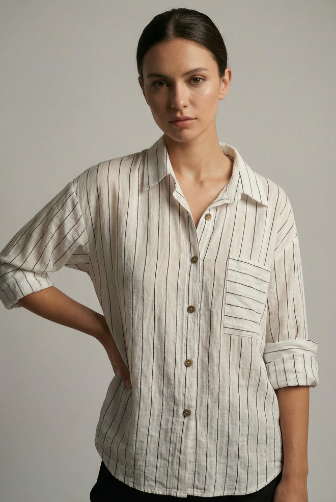 Radica Fashion Beige Striped Casual Shirt With 3/4 Sleeve Wholesale Clothing Casual
