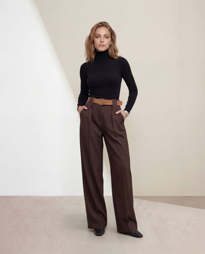 Radica Fashion Bruine Palazzo Broek Hoge Taille Wijde Pijp Groothandel Kleding Casual