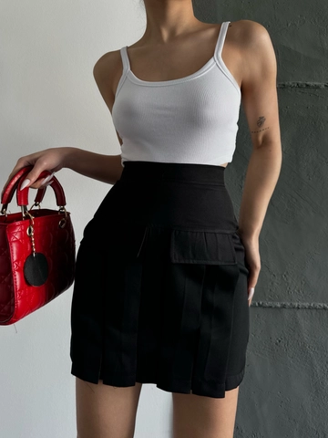 A wholesale clothing model wears  Black Atlas Skirt With Pleats And Pocket Detail
, Turkish wholesale Skirt of Radica Fashion