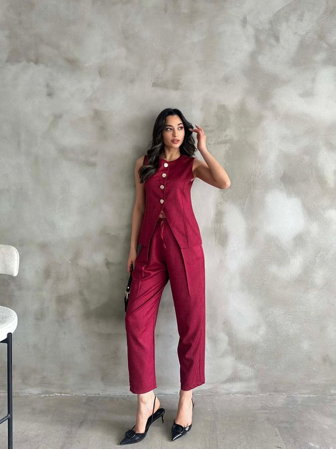 Radica Fashion Ensemble De Pantalons Plissés À Gilet Boutonné Doré Bordeaux Vêtements en gros Formel