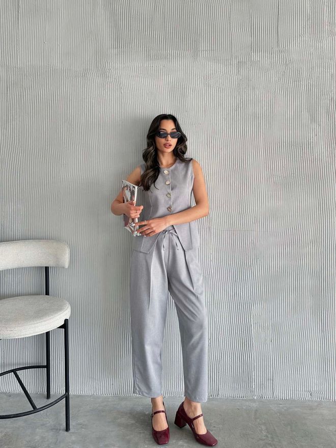 Radica Fashion Gold Buttoned Vest Pleated Trousers Suit Grey Wholesale Clothing Cotton